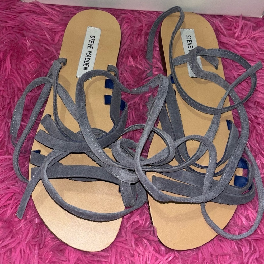 Steve Madden Suede Open Toe Ankle Tie Up Blue Sandals Women Size 9 - Picture 4 of 7